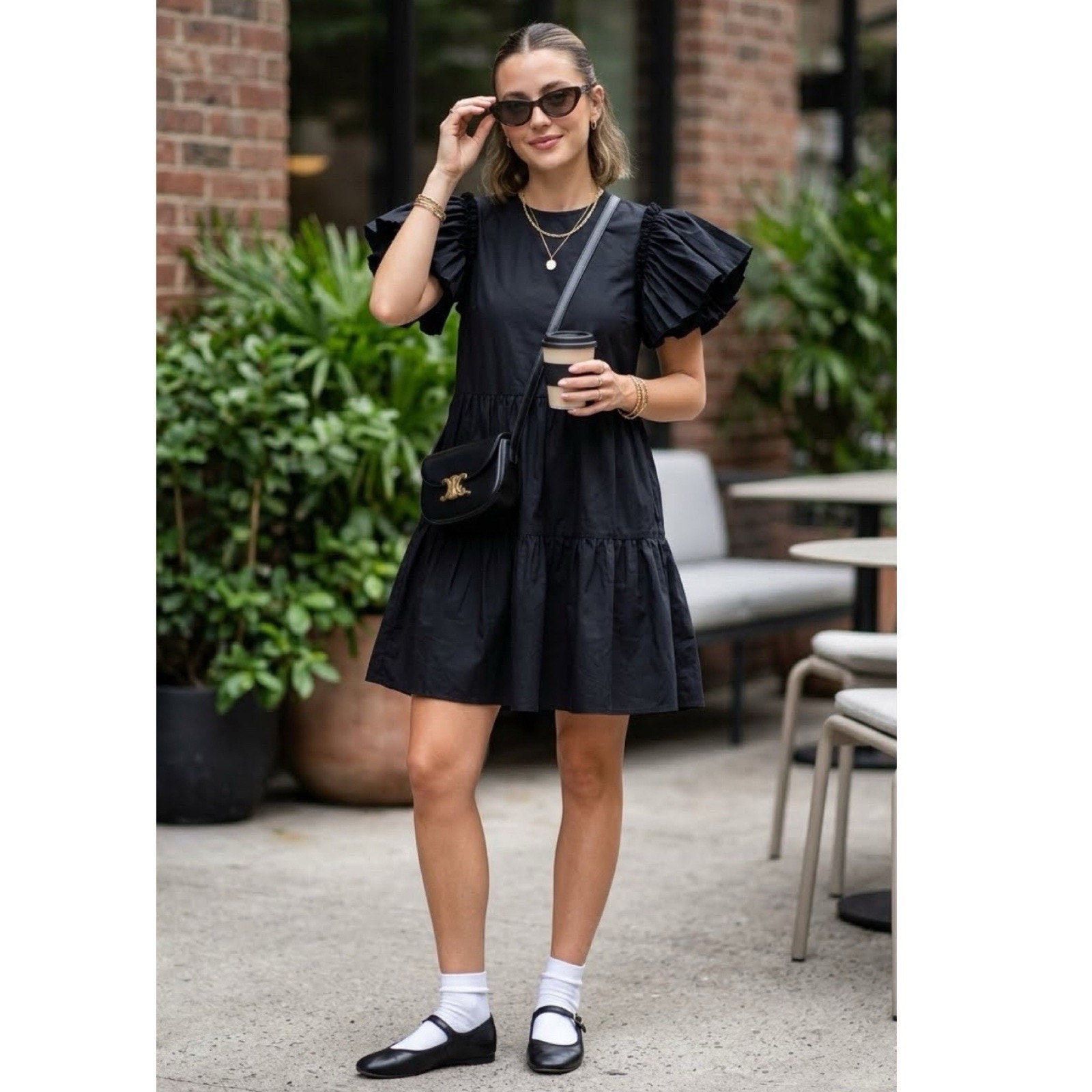 Chepe Italy Black Cotton Poplin Tiered Mini Dress Flutter Sleeve Small Preppy